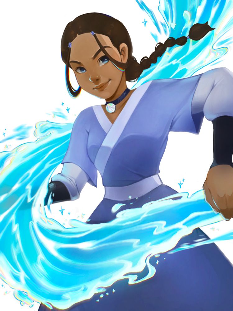 Fan art of Katara from Avatar: The Last Airbender. Depicts a woman in a blue robe gracefully bending water.