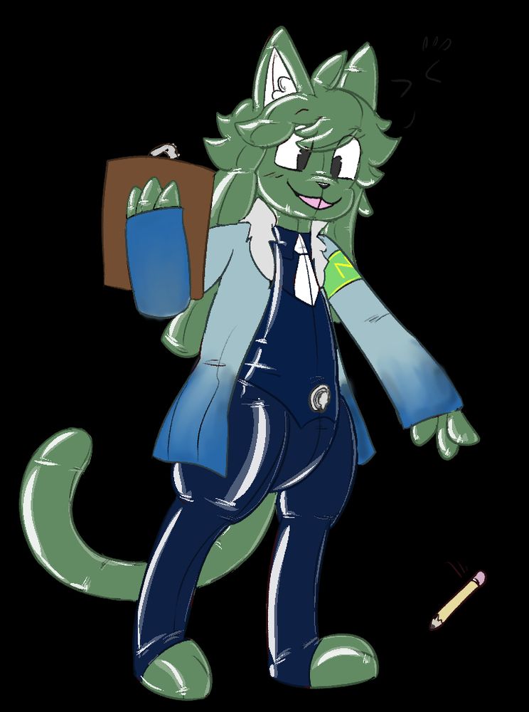 A shiny green cat pooltoy, bipedal and seeming to "wear" a dark blue pants and vest with tie, all looking like they're part of her.  Over this, she wears a blue coat, and is holding a clipboard while reaching for a pencil.