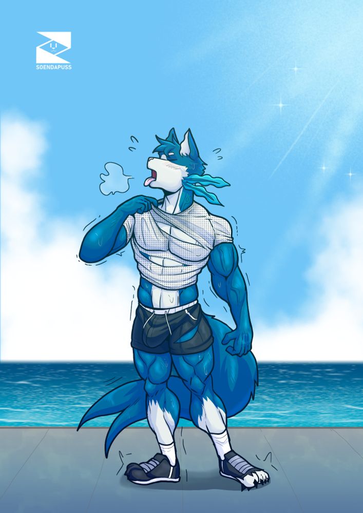 Matsuo is still feeling hot from the heat, as his body has absorbed part of the water and started growing larger and muscular. His clothes are starting to rip in some parts, and the bulge is starting to push more against the pants