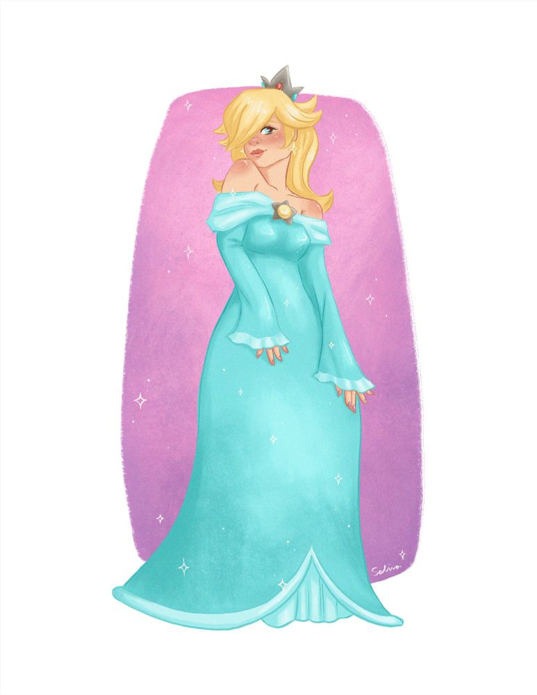 Illustration of the character Rosalina from the Mario universe. She is in her signature teal dress and has a shoulder raised, looking slyly at the viewer. 