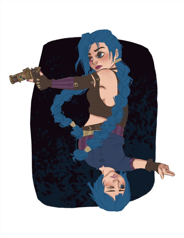 Illustration of the characters Jinx and Powder from Arcane. Jinx is at the top, holding out a gun, and mirrored under her like a playing card is Powder, making a finger gun pose.