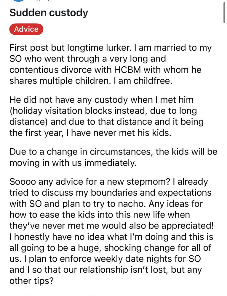 Screenshot reddit: “Sudden custody

First post but longtime lurker. I am married to my SO who went through a very long and contentious divorce with HCBM with whom he shares multiple children. I am childfree.
He did not have any custody when I met him (holiday visitation blocks instead, due to long distance) and due to that distance and it being the first year, I have never met his kids.
Due to a change in circumstances, the kids will be moving in with us immediately.
Soooo any advice for a new stepmom? I already tried to discuss my boundaries and expectations with SO and plan to try to nacho. Any ideas for how to ease the kids into this new life when they've never met me would also be appreciated!
I honestly have no idea what I'm doing and this is all going to be a huge, shocking change for all of us. I plan to enforce weekly date nights for SO and I so that our relationship isn't lost, but any other tips?”
