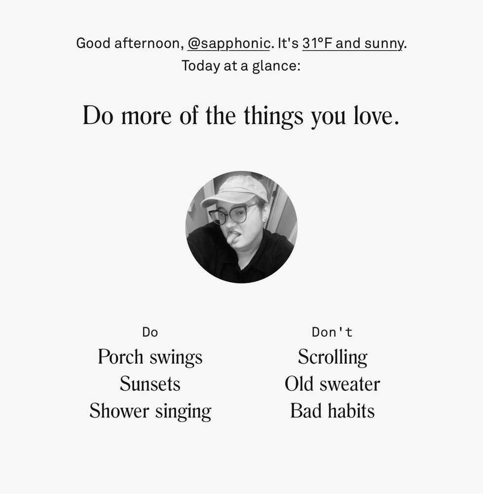 Jessica’s costar reading for 01/15/25. “Do more of the things you love.” 
a photo of Jessica
includes do’s and don’ts 