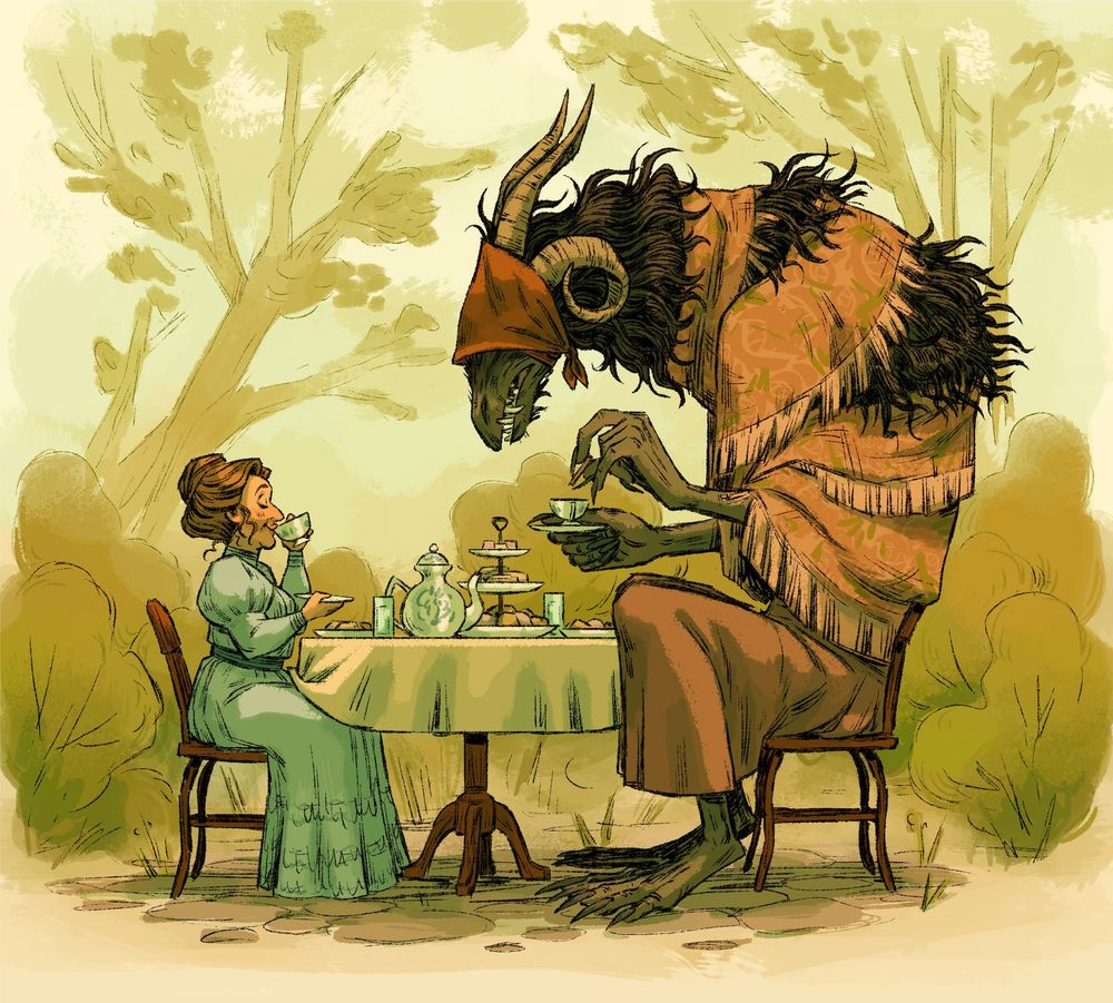 digital illustration of a middle-aged woman in a pale blue Edwardian gown having tea in a garden with a dear "friend", a towering horned beast whose eyes are bound with a scarf and has long, floral shawl wrapped around her.