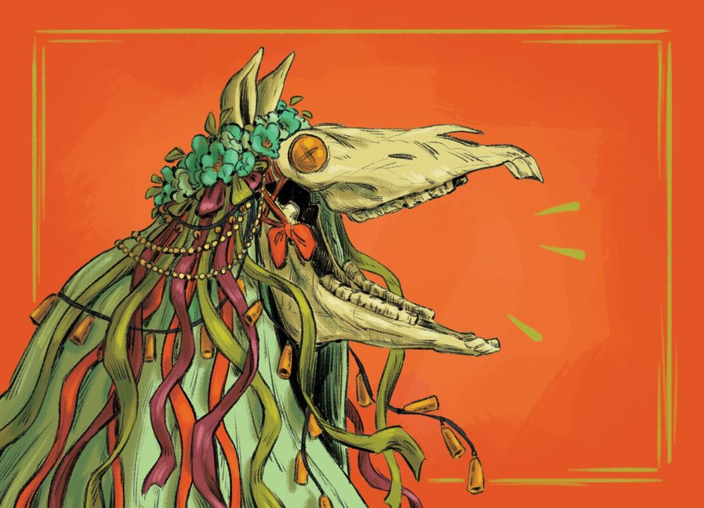 close up illustration of a Mari Lwyd in profile: a cloaked figured festooned with ribbons, bells, and a flower crown with a screaming horse skull head