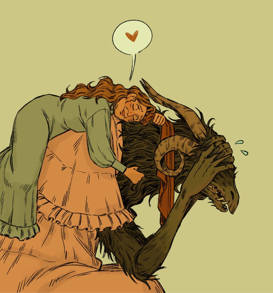 digital sketch of a middle-aged woman with ginger hair in a night gown lies  on the back of hairy beast with a soft smile and scarf hanging from one hand. A speech bubble above her head contains a heart. The four-horned beast sits hunched, shielding her eyes, overwhelmed while wearing a frilly nightgown of her own.