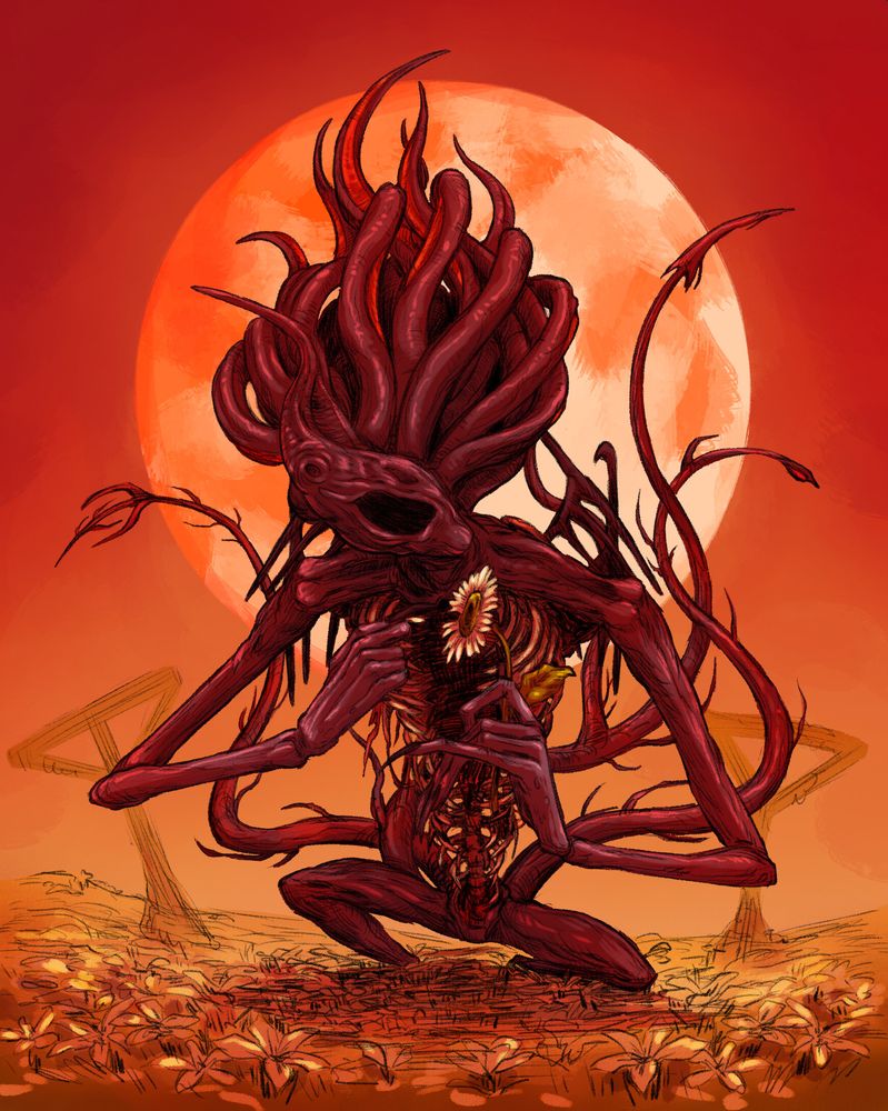 digital illustration of the moon presence standing in a flower field, back dropped by the blood moon. She tilts her head as she plucks petal from a lumenflower in her other hand