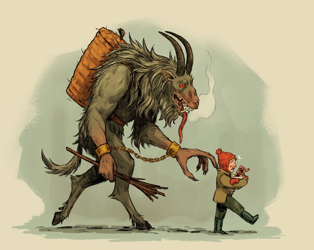 digital illustration of a large, goat-like Krampus with a chains, Rute, and basket on his back hooks the clawed tip of his finger on the collar of a little boy who is eating a most-likely stolen pie