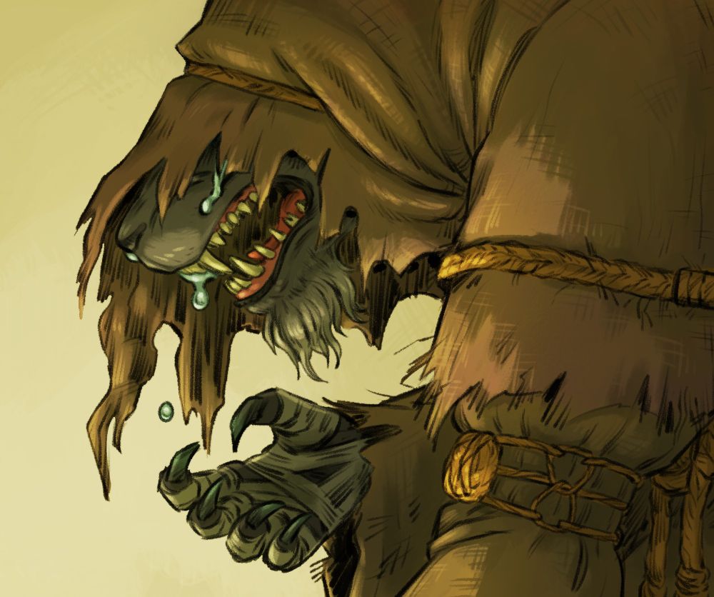 digital illustration of Gurranq from Elden Ring, a lion-like beast in plain penitence robes, crying