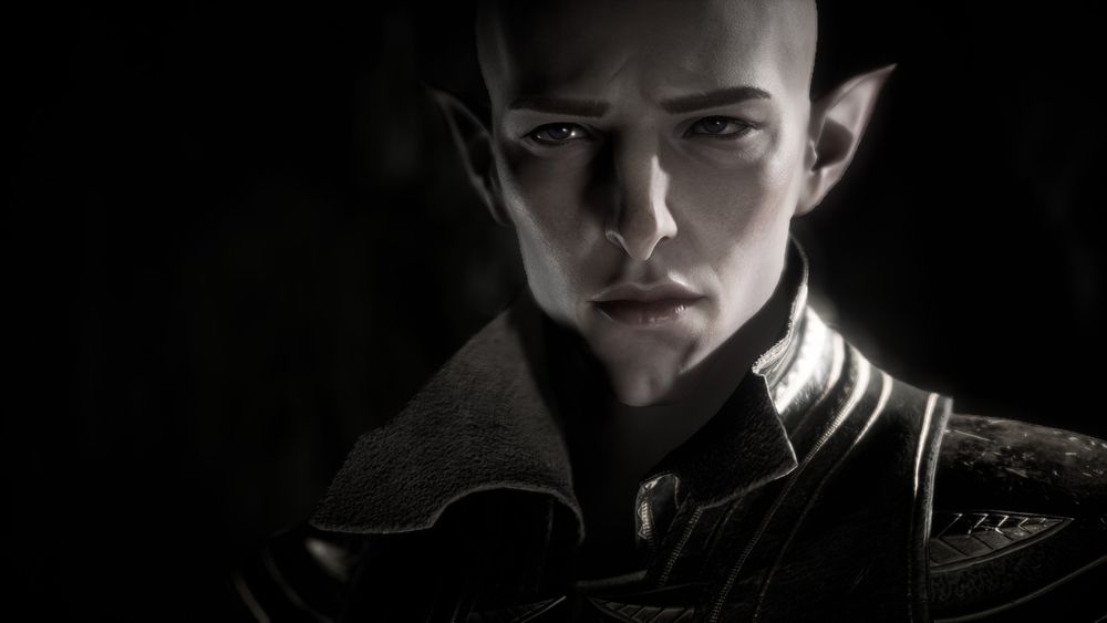 a picture of Solas Dragon Age Lavellan in Dragon Age Veilguard looking sad but determined
