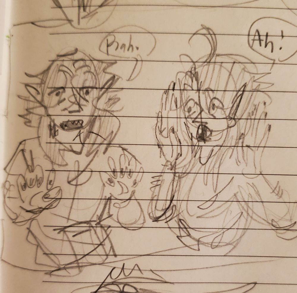 traditional sketch of my ocs Roman (left) and Miko (right). in the drawing Roman is unenthusiastically clawing his hands and saying "Rah." Miko is throwing their hands up and exclaiming "Ah!" with wide eyes