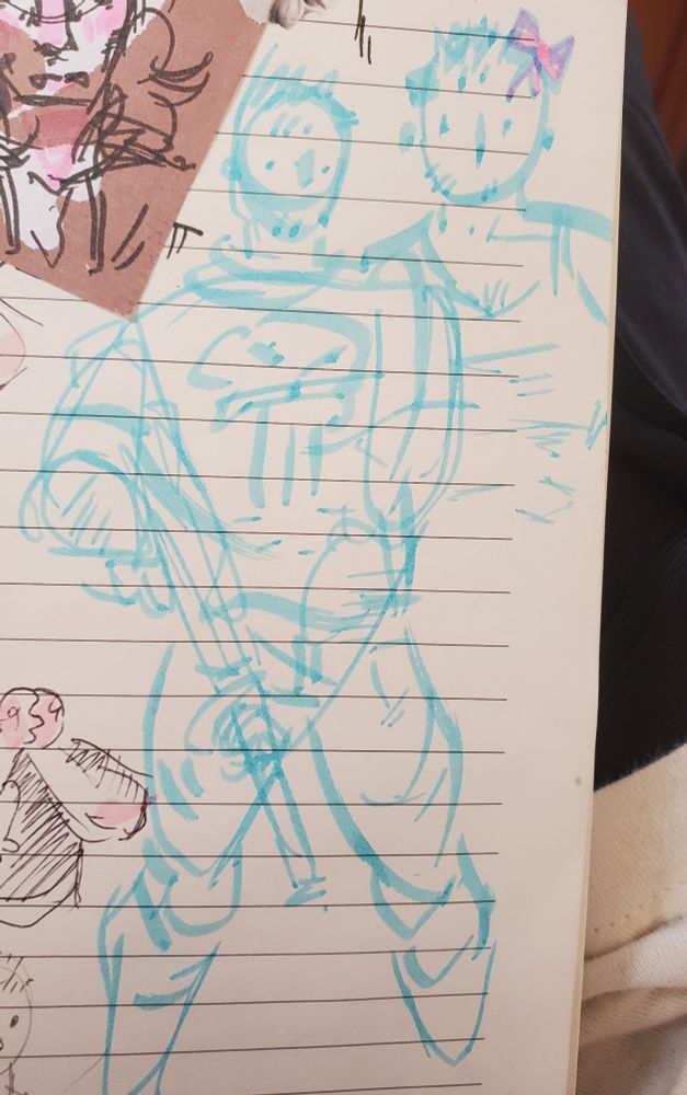 blue highlighter sketch of frank castle with a rifle tucked under his arm