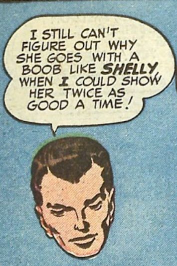 Close-up of a disembodied head of a man covetously admiring another man's girlfriend. 
"Everybody Wants My Girl!" Young Love Vol. 2, No. 7/No. 13, Crestwood, 1950
With Joe Simon
