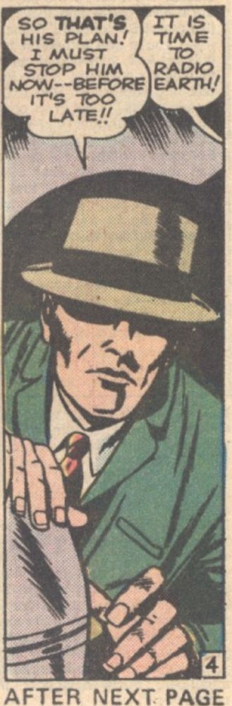 Close-up of a slim blonde man in a hat approaching an unsuspecting Martian.
"Behold Him! He Is The Martian!" Tales To Astonish Vol. 1, No. 25, Marvel/Vista, 1961
Inked by Dick Ayers