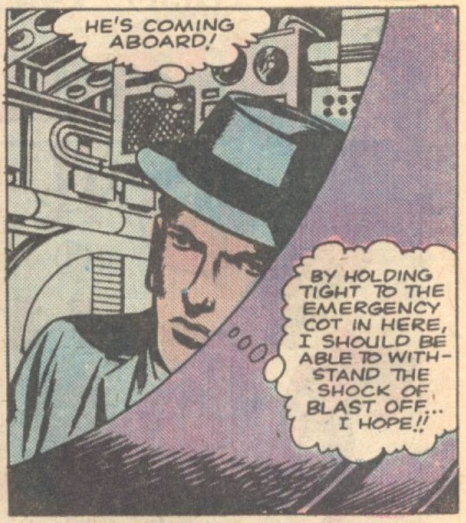 Close-up of a slim blonde man in a hat hiding in a shadowed corner of a space ship, gazing at an unseen person with suspicion.
"Behold Him! He Is The Martian!" Tales To Astonish Vol. 1, No. 25, Marvel/Vista, 1961
Inked by Dick Ayers
