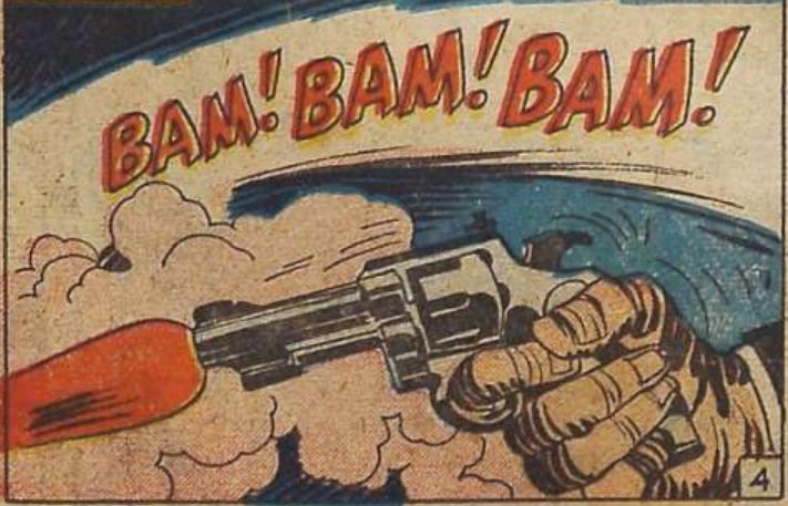Close-up on a hand firing a revolver.
"Odds Against Murder!" Headline Comics Vol. 4, No. 6/No. 36, Prize, 1949