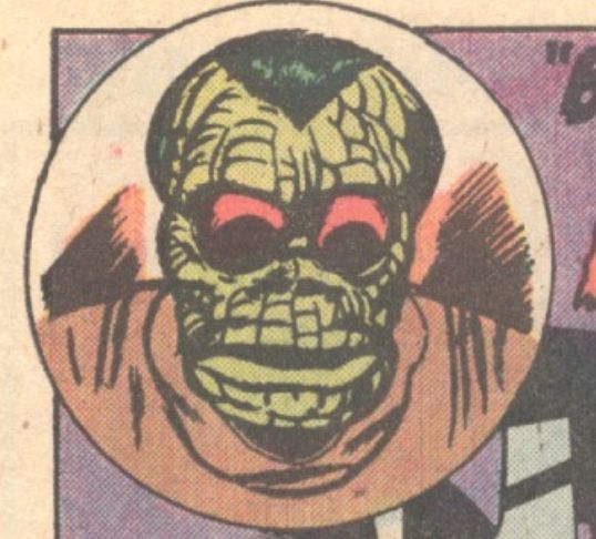 Close-up of a green reptile-skinned extraterrestrial with bulging red eyes, a widow's peak, and a brown turtleneck
"Behold Him! He Is The Martian!" Tales To Astonish Vol. 1, No. 25, Marvel/Vista, 1961
Inked by Dick Ayers