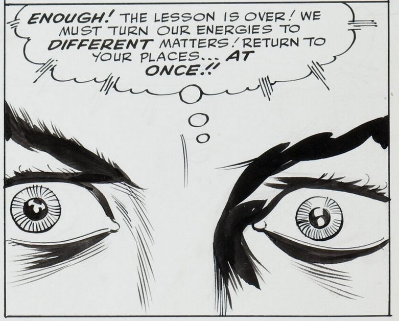 Extreme close-up of a concerned man telepathically admonishing an unseen group of unruly youths.
"X-Men" The X-Men, Vol. 1, No. 1, Marvel, 1963
Inked by Paul Reinman