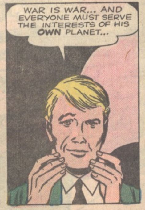 Close-up of a slim blonde man sans hat putting his fingers to his face.
"Behold Him! He Is The Martian!" Tales To Astonish Vol. 1, No. 25, Marvel/Vista, 1961
Inked by Dick Ayers