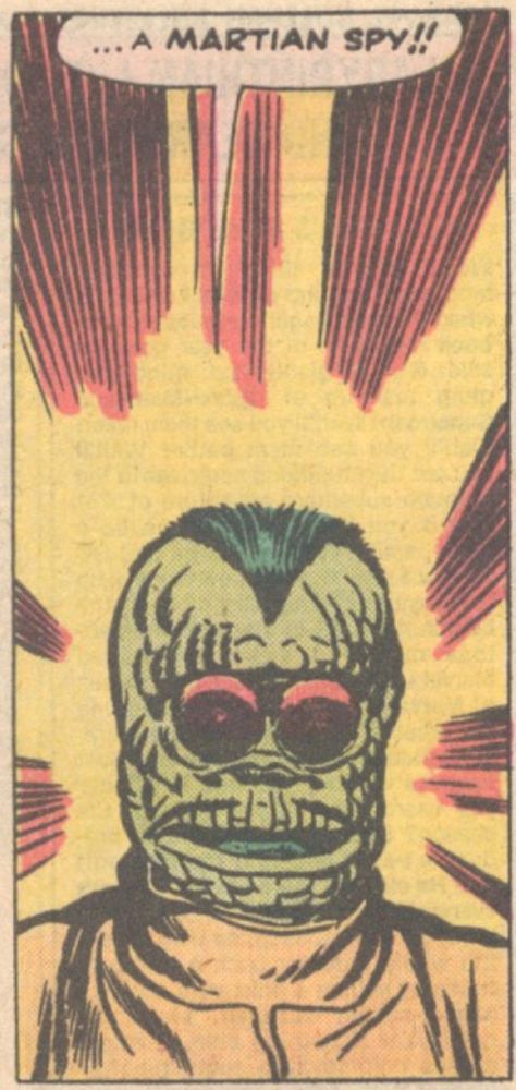 Close-up of an unmasked Martian wearing a spacesuit.
"Behold Him! He Is The Martian!" Tales To Astonish Vol. 1, No. 25, Marvel/Vista, 1961
Inked by Dick Ayers