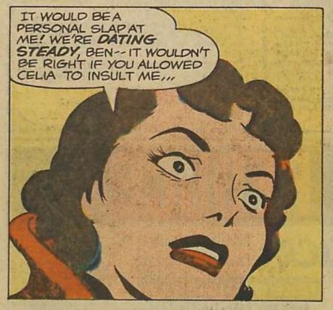 Close-up of a young brunette woman, hurt and shocked by the betrayal of her beau.
"The Wounded Party!" Young Romance Vol. 12, No. 6/No. 102, Prize, 1959