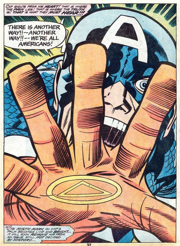 Close-up on a man in a blue costume with a white A on the forehead of his mask, desperately reaching out towards the reader, a strange glyph glowing on the palm of his red-gloved hand.
"My Fellow Americans"  Marvel Treasury Special Featuring Captain America's Bicentennial Battles Vol. 1, No. 1, Marvel 1976
Inked by John Verpoorten
