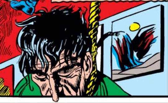 Close-up of a hanged man, flanked by paintings. His long nose droops over the bottom border of the panel.
"The Case Of The Black Talon" Captain America Vol. 1, No. 9, Timely/Marvel, 1941
With Joe Simon