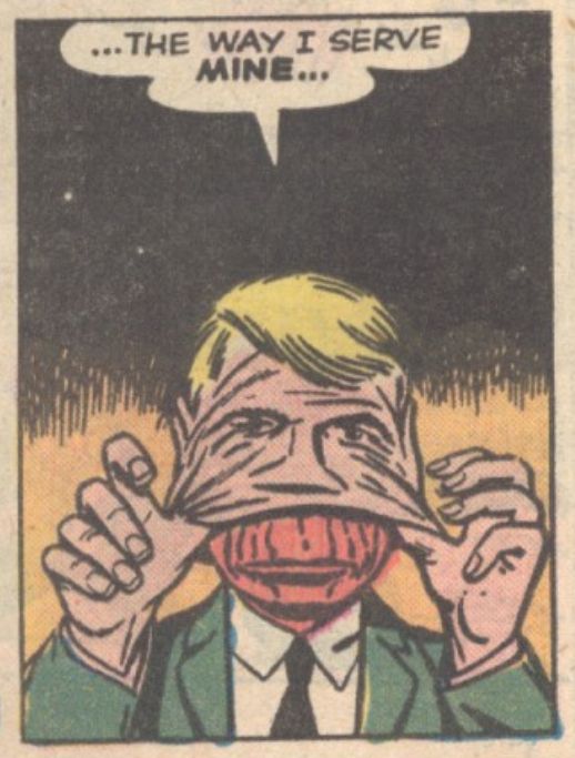 Close-up of a slim blonde man peeling away his human face, revealing a red, lizard-skinned mouth.
"Behold Him! He Is The Martian!" Tales To Astonish Vol. 1, No. 25, Marvel/Vista, 1961
Inked by Dick Ayers