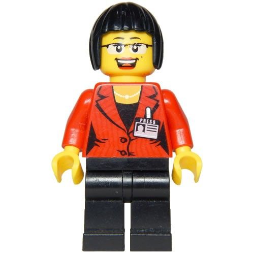 Lego figure of a News Reporter in a red striped suit jacket, with a medium black bob, black pants and a pearl necklace.