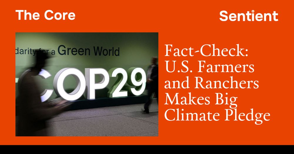 People walking past a COP29 sign. Text reads: Fact-Check: U.S. Farmers and Ranchers Makes Big Climate Pledge