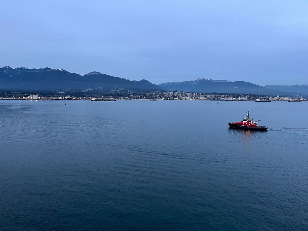 View of Burrard Inlet from Canada Place, North Vancouver and mountains in background 