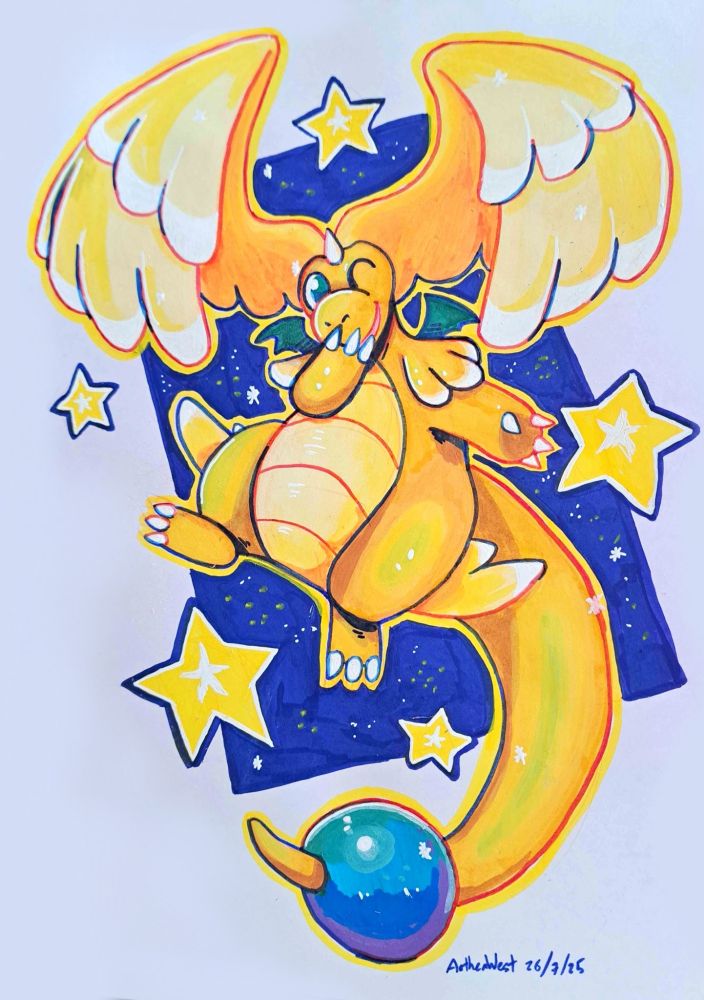A traditional art piece of mega dragonite on a dark blue background surrounded by stars.