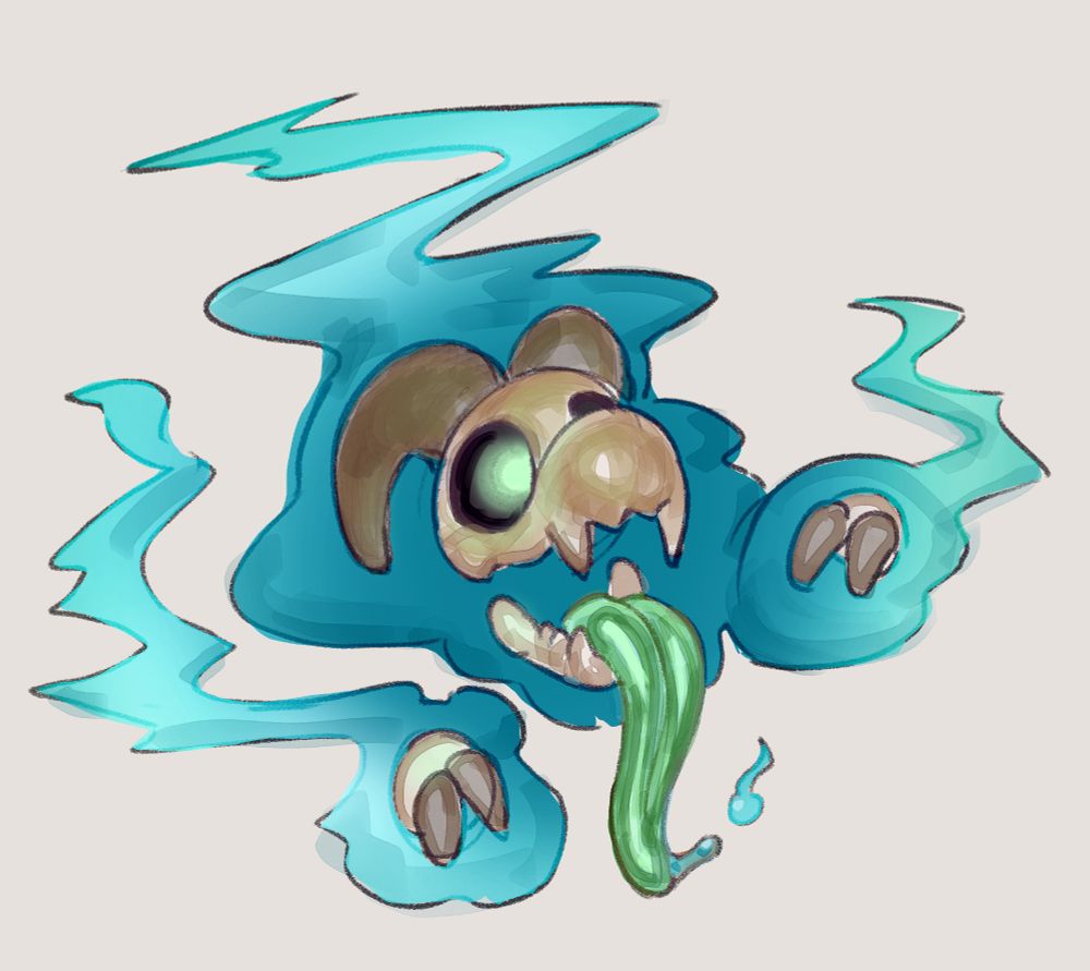 A drawing of a soul. It appears as a floating skull with glowing eye-sockets, floating claw hands, a long green tongue, and a blue aura around it.

Artwork by wyth!