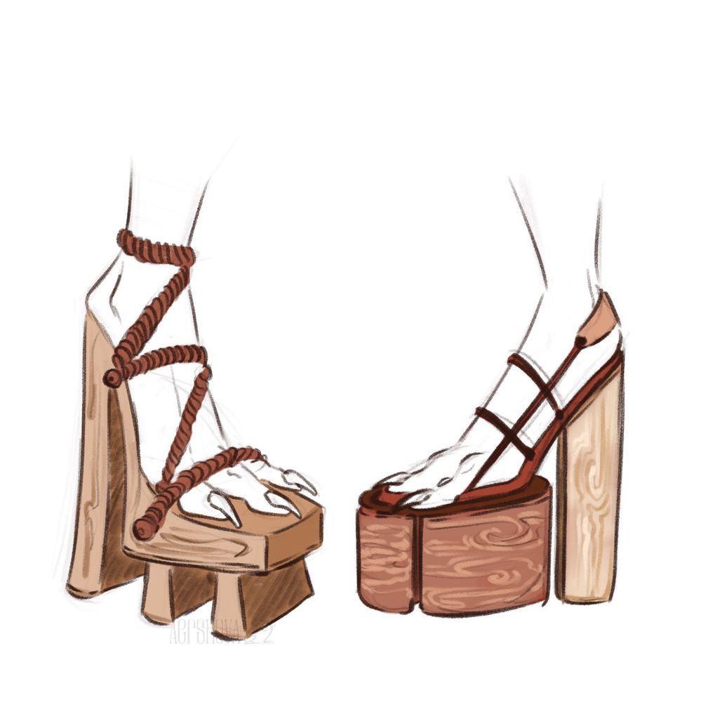 Sketches of traditional Pangi (Samudra) shoes. They are somewhat similar to Japanese geta shoes, but they are designed to fit the Pangi feet (they are digitigrade). They have a high heel and a wooden platform, and they are held on the foot with the help of ropes.