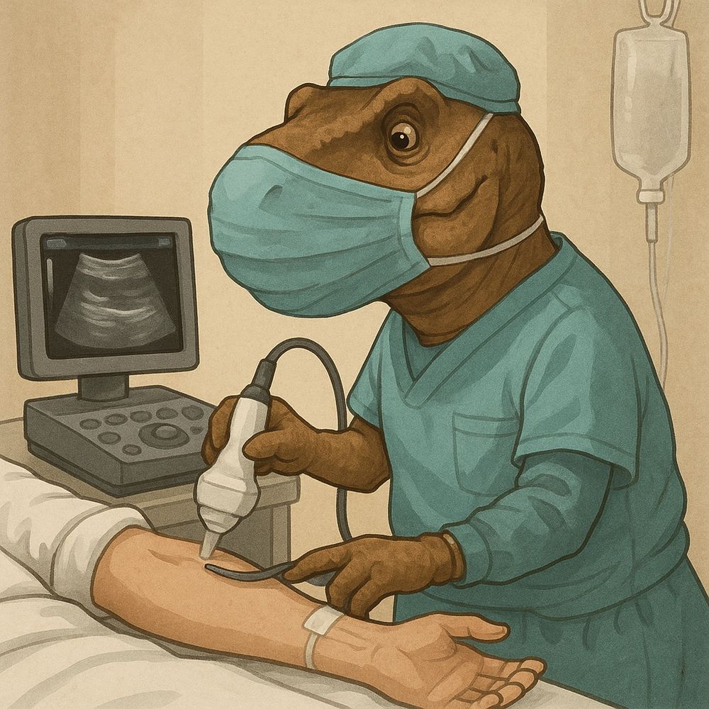 A dinosaur using ultrasound to site an arterial line.