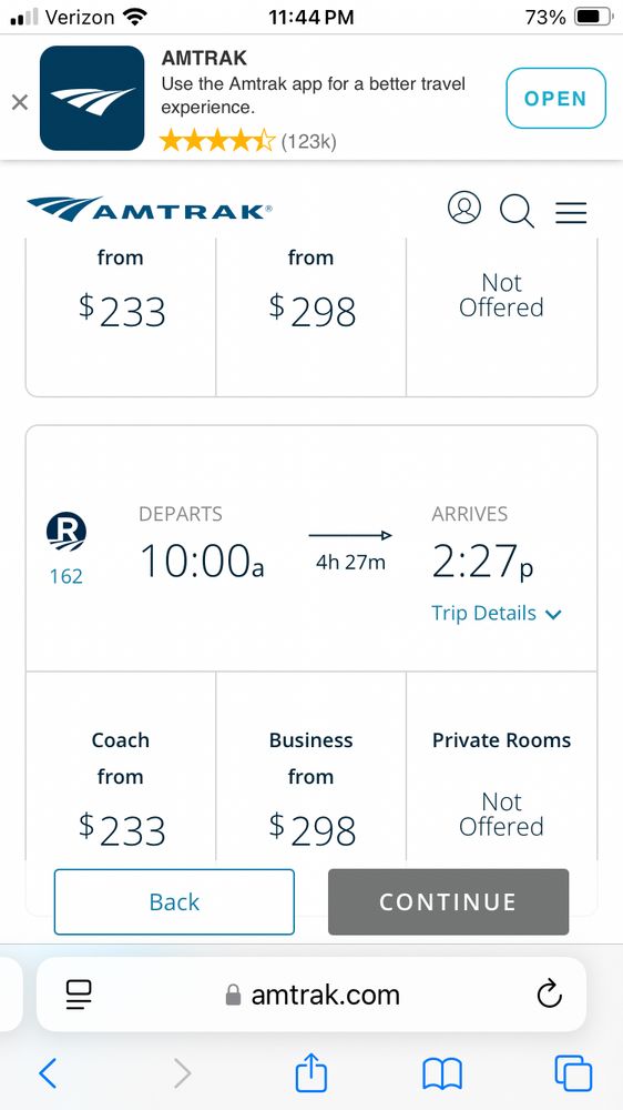 AMTRAK fares from NYC to Boston showing coach fares at $233, Business class at $298