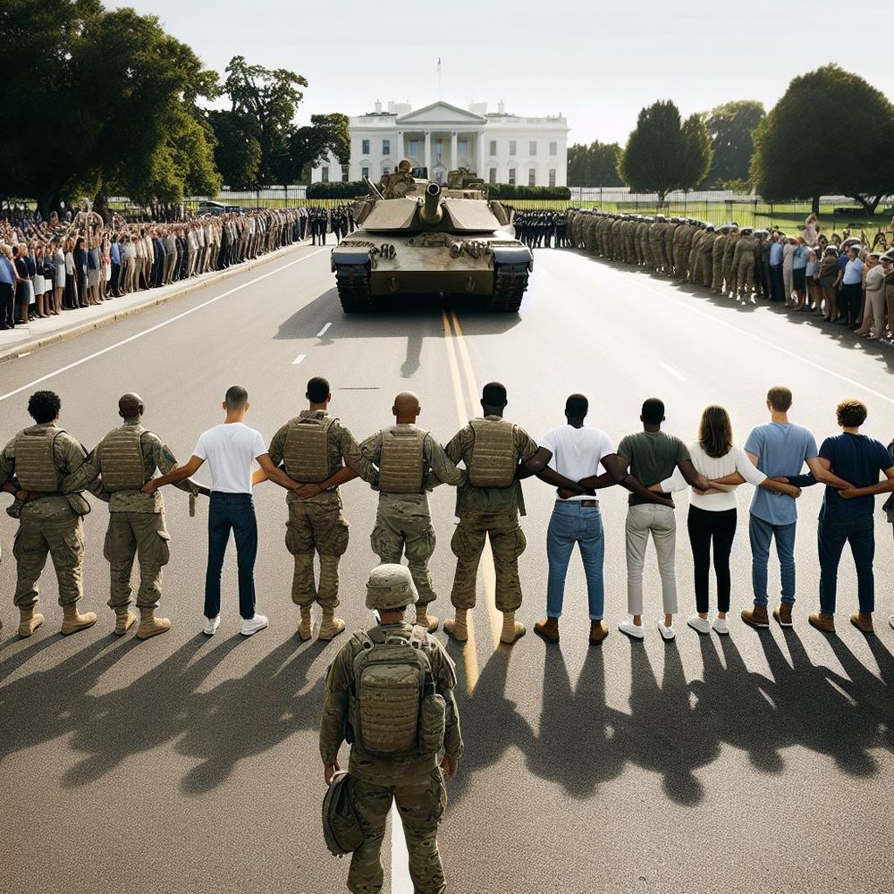 A line of men and women in American military uniforms standing hand in hand, facing a tank that is positioned in the road. The people have their backs to the viewer and are blocking the tank. They are standing in front of the White House, which is visible in the background. The scene is peaceful but powerful, symbolizing unity and resistance. The setting is during the day with clear skies.
