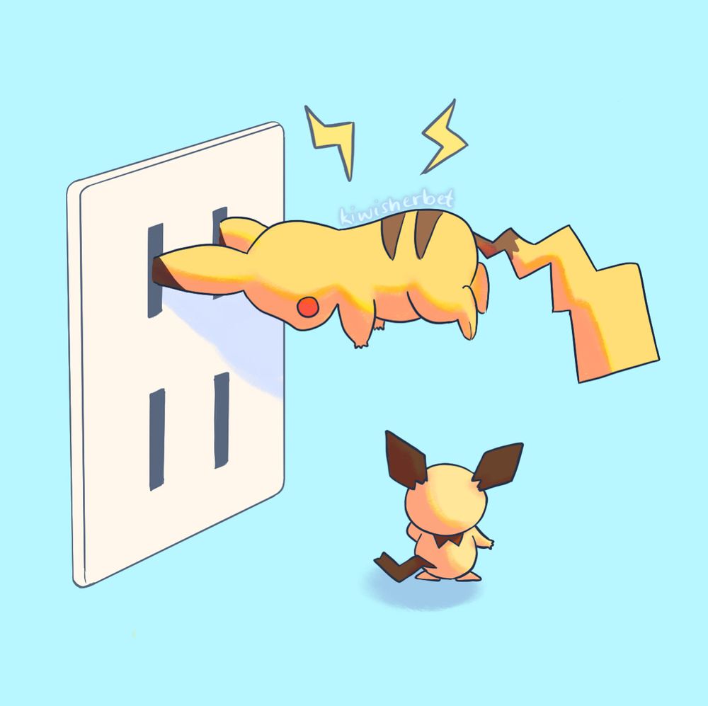An illustration of a pikachu with its ears stuck into the holes of a wall socket, dangling from the outlet. A pichu on the ground looks curiously. Artist: @kiwi.sherbet