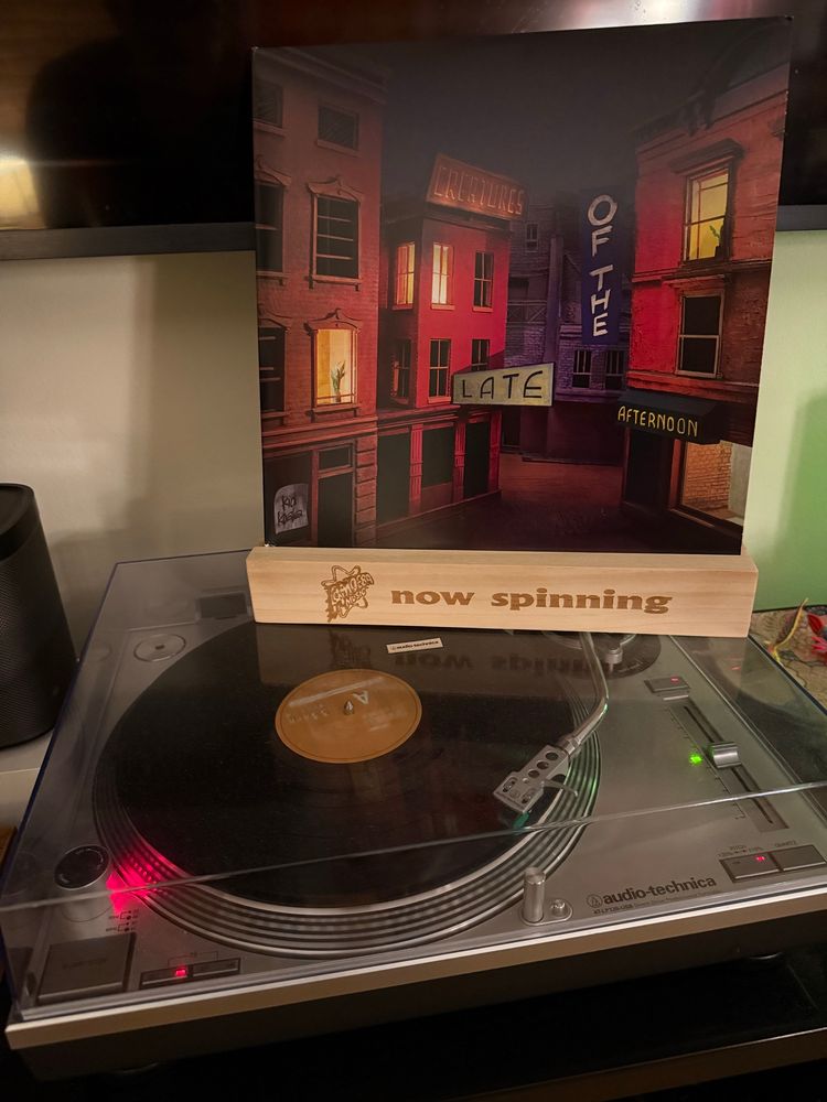 Vinyl copy of Kid Koala’s new album Creatures Of The Late Afternoon spinning on an Audio Technica turntable.