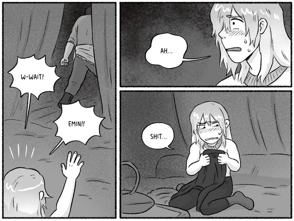 Marcos calls after Emin 'W-wait! Emin!!' but Emin is exiting the room. Marcos looks crestfallen and goes 'ah...' and then he goes 'shit...' as he picks up his discarded clothing and looks embarrassed. 