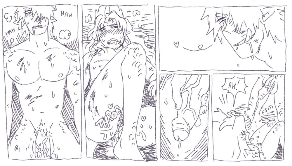 Deimos, kneeling and panting, looks down at Atlas who is dazed and leaking cum out of his THROBBING PUSSY..!! Deimos grabs his dick and starts pissing on Atlas who shields his face and goes ah! 
