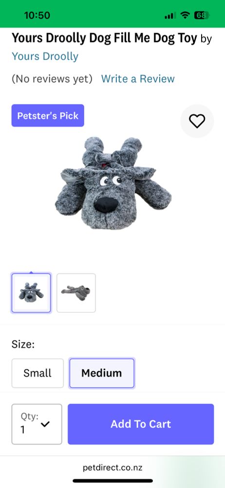 A flat grey dog with a very expressive face. It is a Yours Droolly Dog Fill Me Dog Toy size medium. 