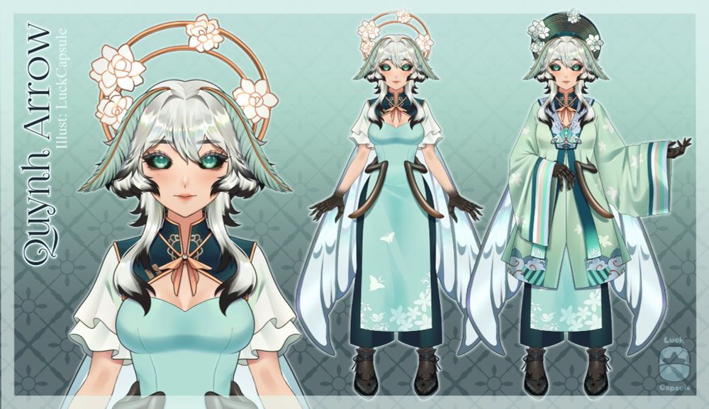 vtuber model ref sheet for Quynh Arrow. she is a moth girl with jasmine motifs. her dress, eyes, antenna, and wings are a light bluish green. her outfit is based on Vietnamese traditional clothing
