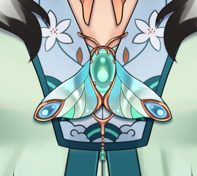 an illustration of a moth shaped brooch with green and blue gems