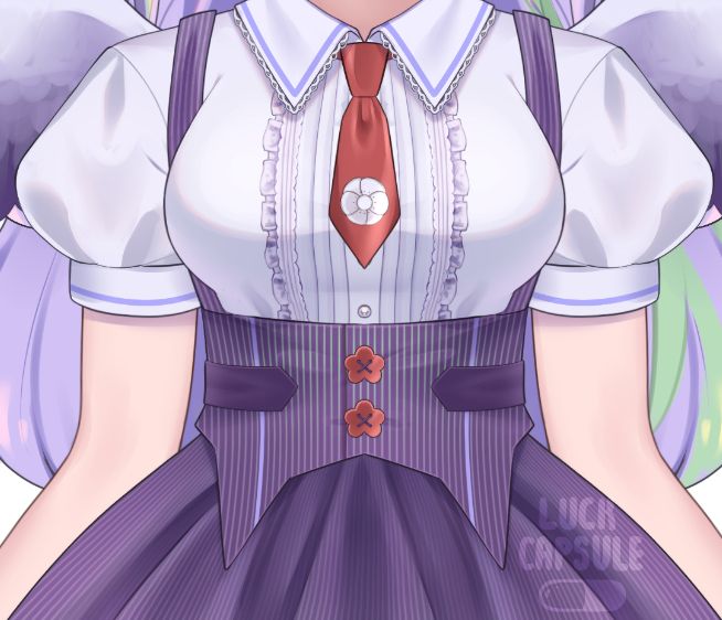 closeup of a vtuber torso. she has a white frilled blouse, a mini tie with a poppy motif, a corset waist with poppy buttons, and a poofy purple skirt