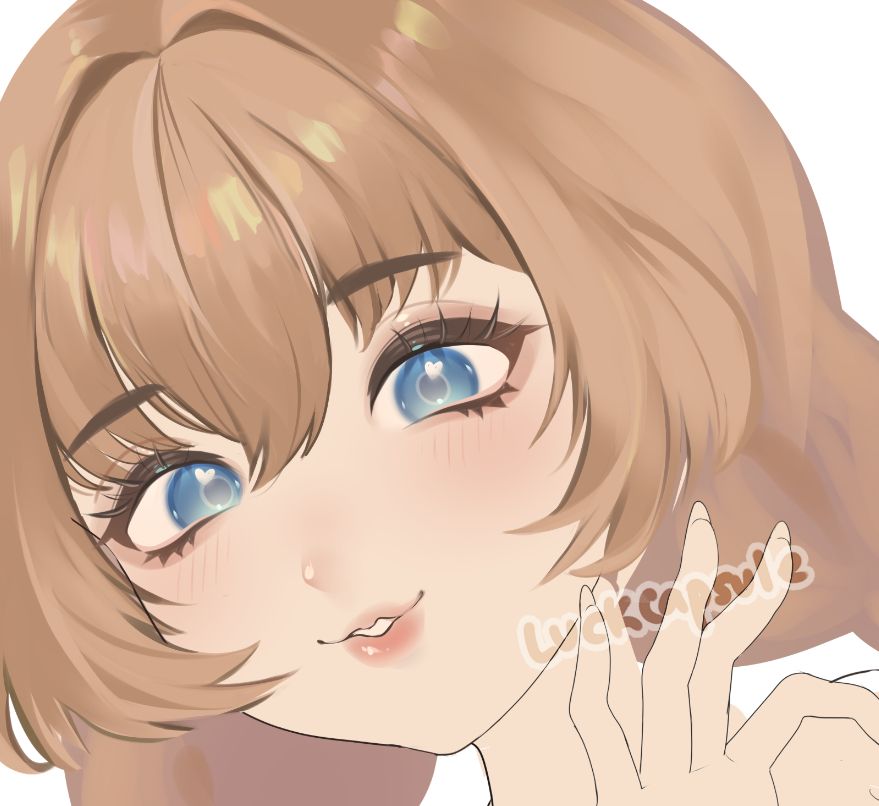 sketch headshot of a cute girl with pink lips and soft blue eyes with heart highlights