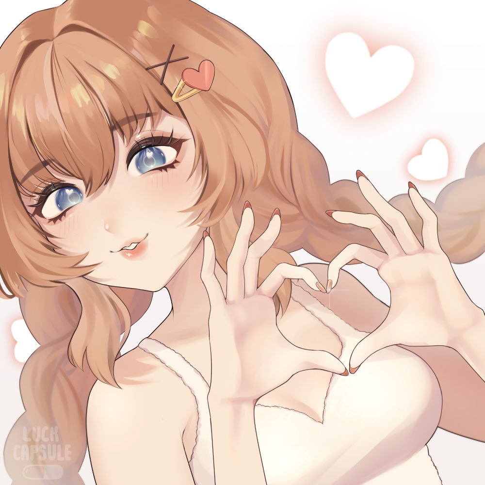 a soft illustration of a girl making a heart with two hands. she has two big braids, a fluffy tanktop, and a cute and gentle expression