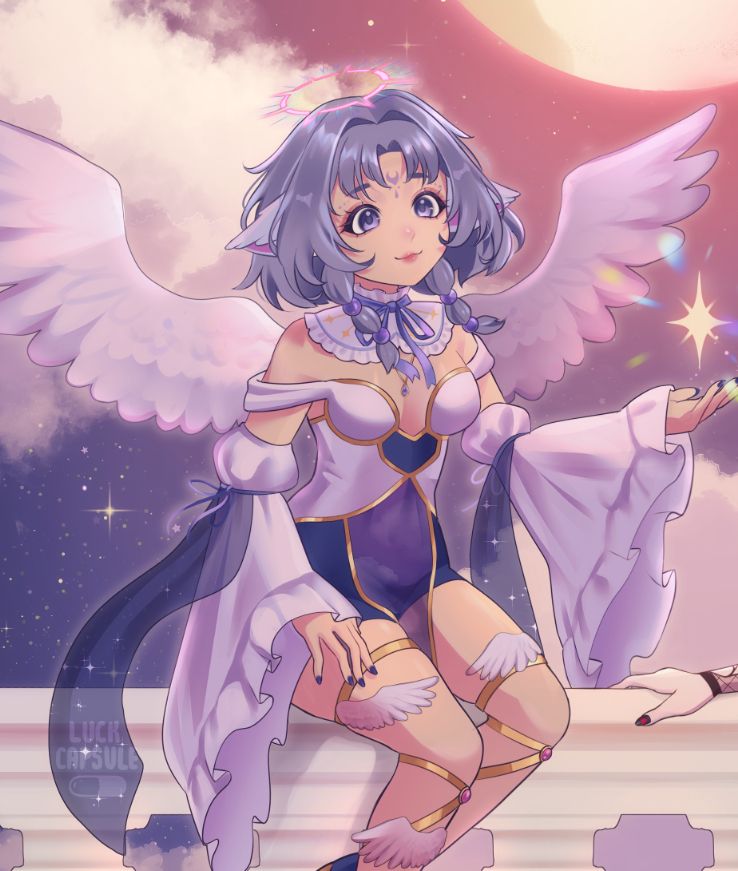 its my oc, shes an angel girl thing. she has big wings, flowy sleeves, star and sky details on her clothes. she's holding a small star. the image is cropped from a larger illustration, you can only see her and the starry sky behind her.