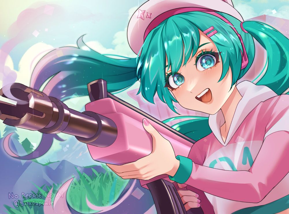 illustration of miku as seen in fortnite with a big gun looking delighted and sparkly