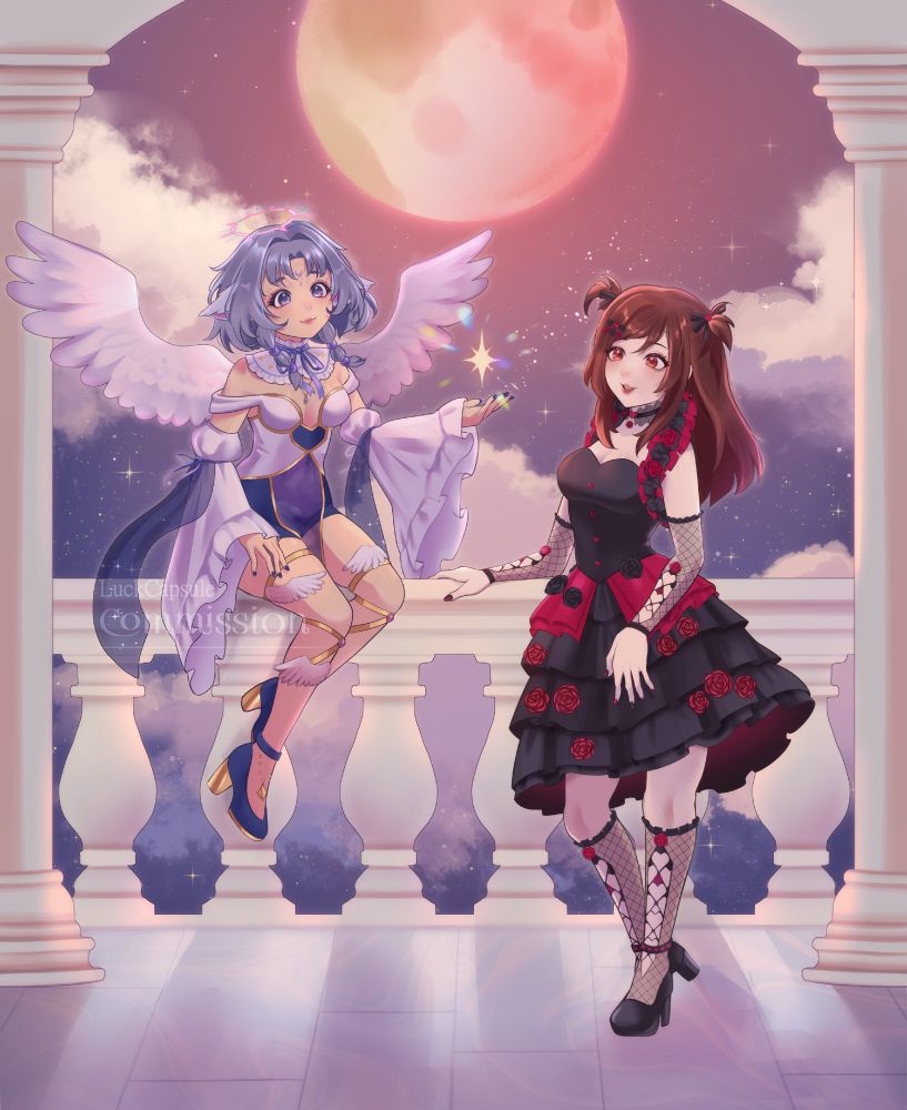 luckcapsule and zelenia's OCs on a moonlit balcony. the moon emits a red glow across the starry sky